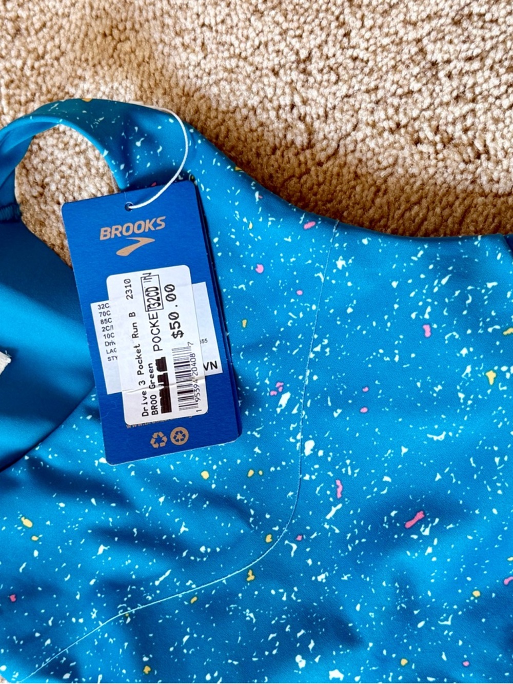 Brooks Drive 3-Pocket Sports Bra NWT Lagoon Speckle Print High Impact 32C/D - Picture 10 of 13